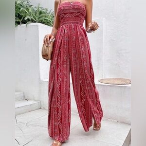 Red Bohemian Wide-Leg Jumpsuit
